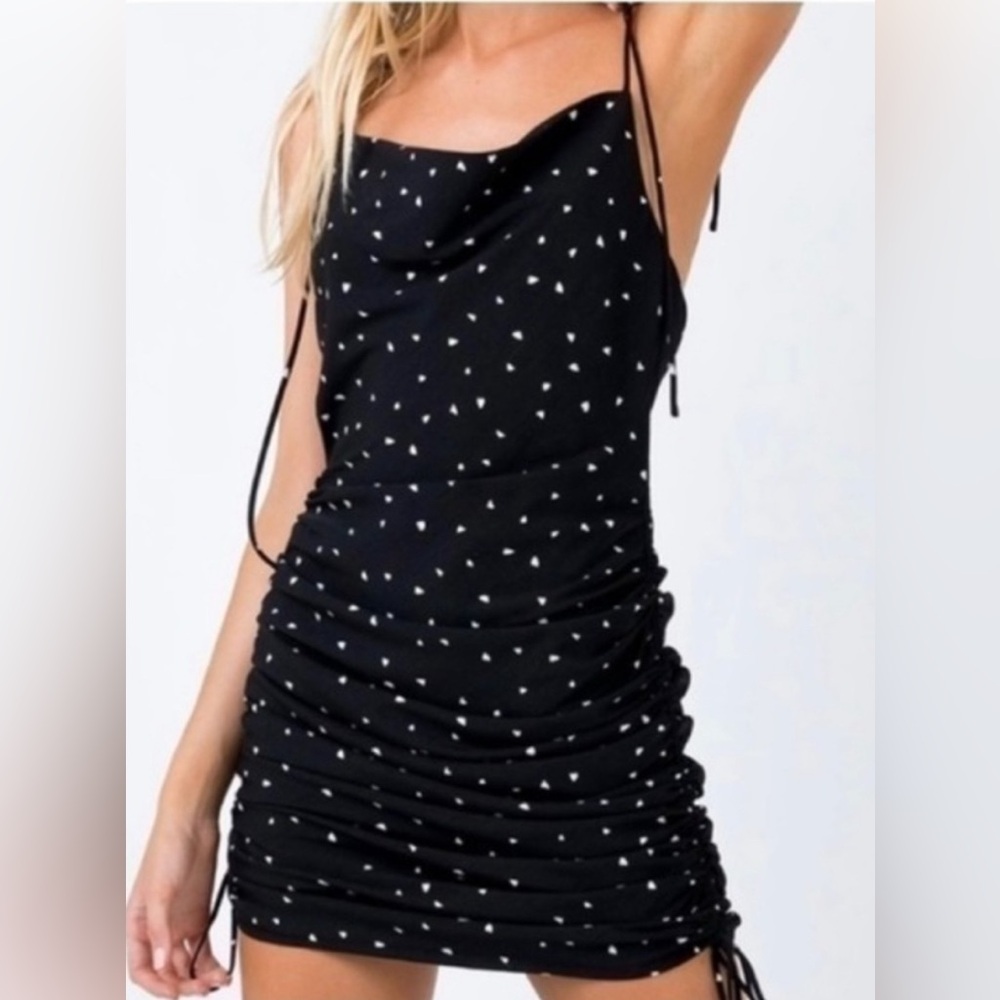 LIONESS by PRINCESS POLLY Black White Heart Print Ruched Midi Slip Dress XS